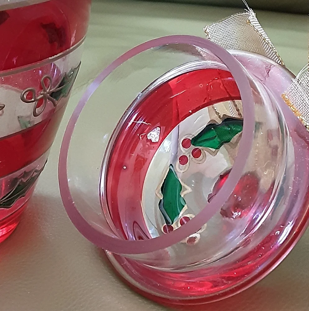 Crystal Temptations Stained Glass Christmas Holly|Berry Covered Candy Jar - Vtg